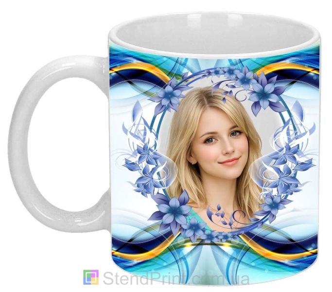 Чашка з фото для дівчини з синіми квітами красивий подарунок замовити