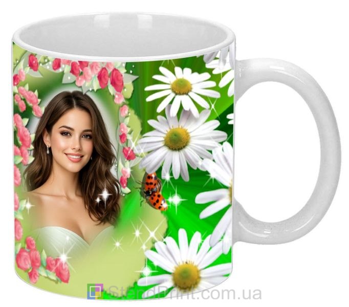 Кружка з фото з ромашками та божою корівкою подарунок коханій дівчині