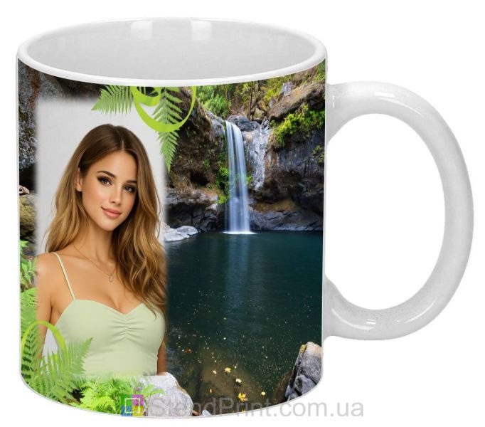 Кружка з фото водоспаду та гірського озера, природа — замовити