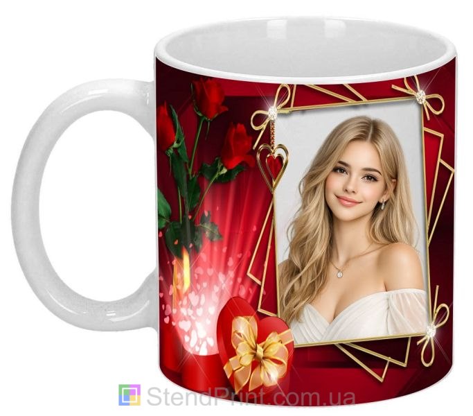 Кружка с фото в красном стиле с розами и золотой рамкой романтический подарок заказать
