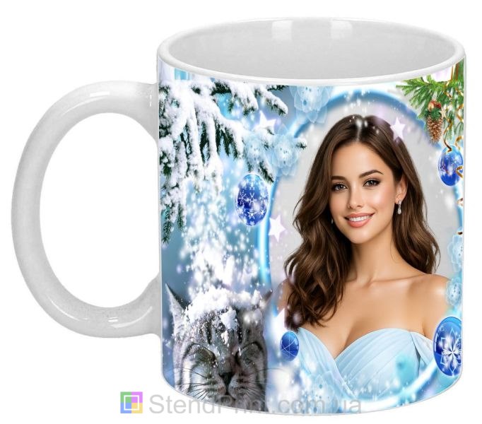 Чашка з фото зимовий подарунок для дівчини фоточашка зі сніжинками і котом