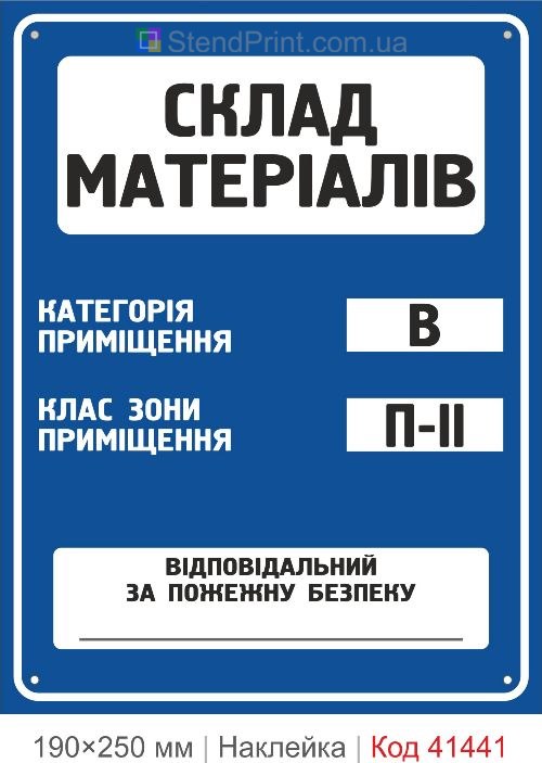 Склад матеріалів В П-II наклейка категорія приміщення клас зони