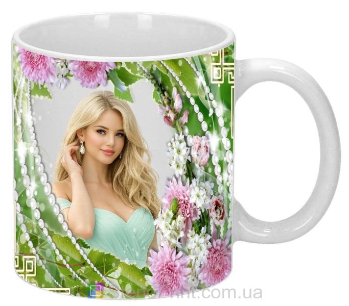 Кружка с фото розовые хризантемы и жемчужные нити заказать подарок