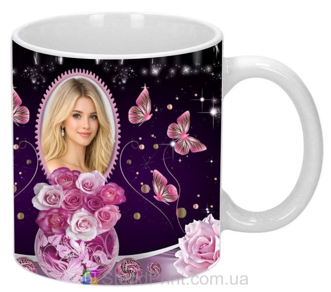 Кружка с фото для девушки с розами и бабочками заказать подарок