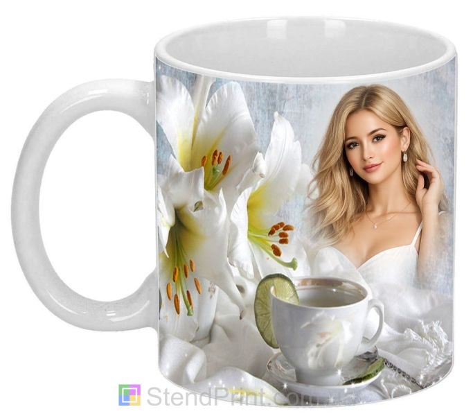 Кружка з фото білі лілії світлий дизайн затишний подарунок замовити