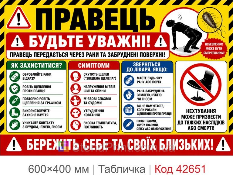 Табличка правець санітарна безпека для підприємства лікарні складу Код-42651