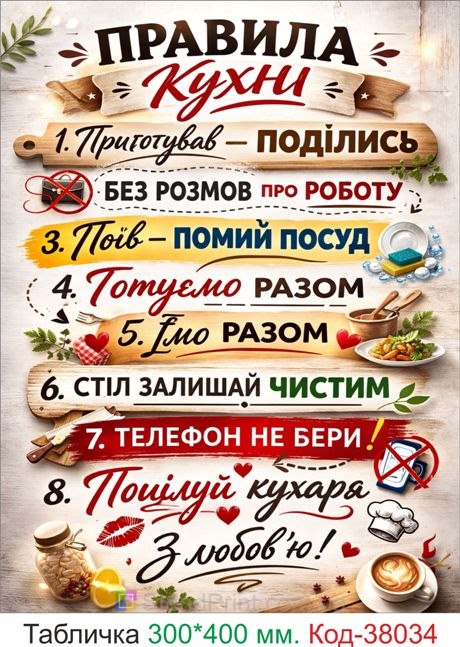 Табличка правила кухні на дереві купити декор