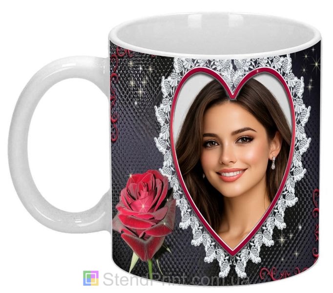 Горнятко з фото для коханої з серцем та трояндою стильний романтичний подарунок замовити