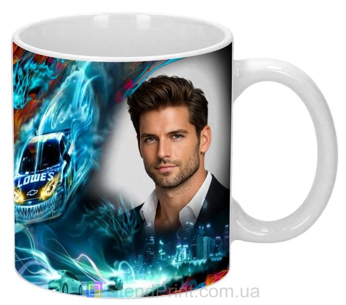 Чашка с фото на подарок мужчине с ночными гонками и неоном