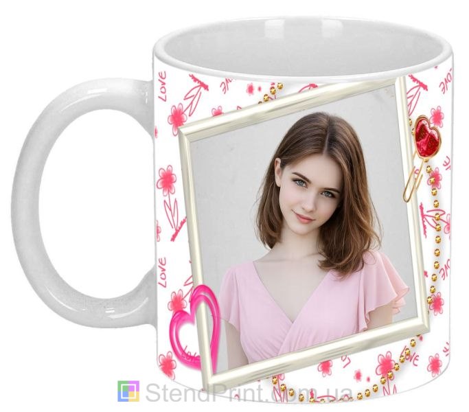 Кружка с фото для любимой с сердцами лёгкий романтический дизайн подарок заказать