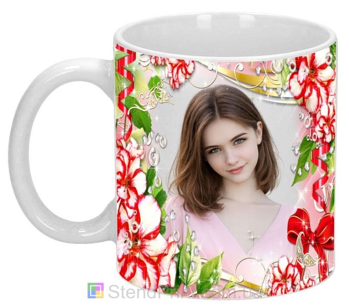 Кружка з фото червоно-білі квіти сердечка романтичний подарунок замовити