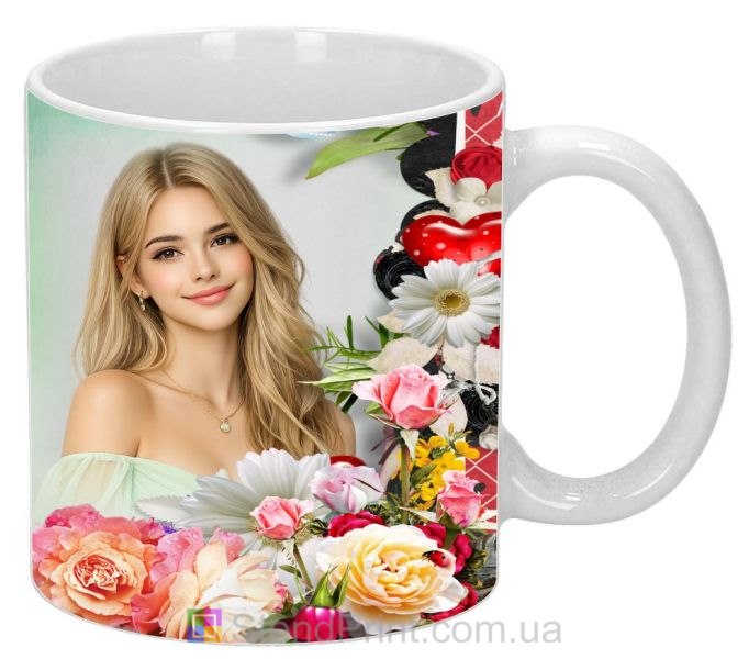 Кружка с фото с розами и ромашками яркий цветочный персональный подарок заказать