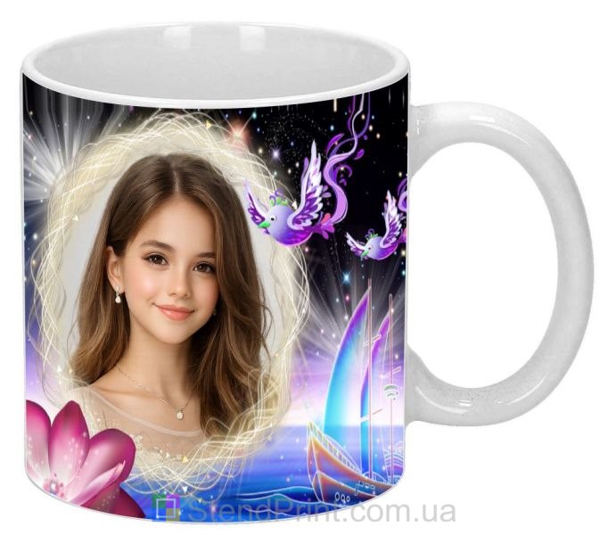 Кружка з фото для дівчинки — казковий дизайн із корабликом, замовити