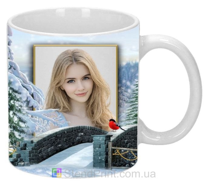 Чашка с фото зимний лес и кирпичный мост персональная печать фото на чашке заказать