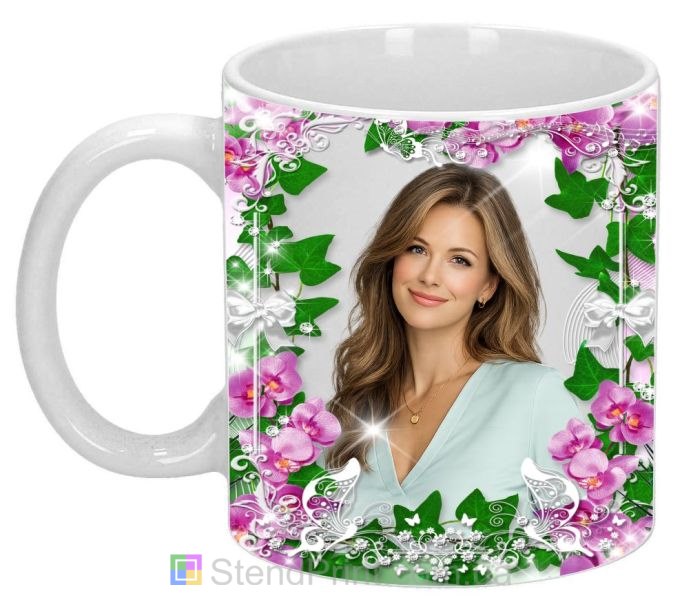 Чашка з фото орхідеї та зелень зі своїм фото замовити