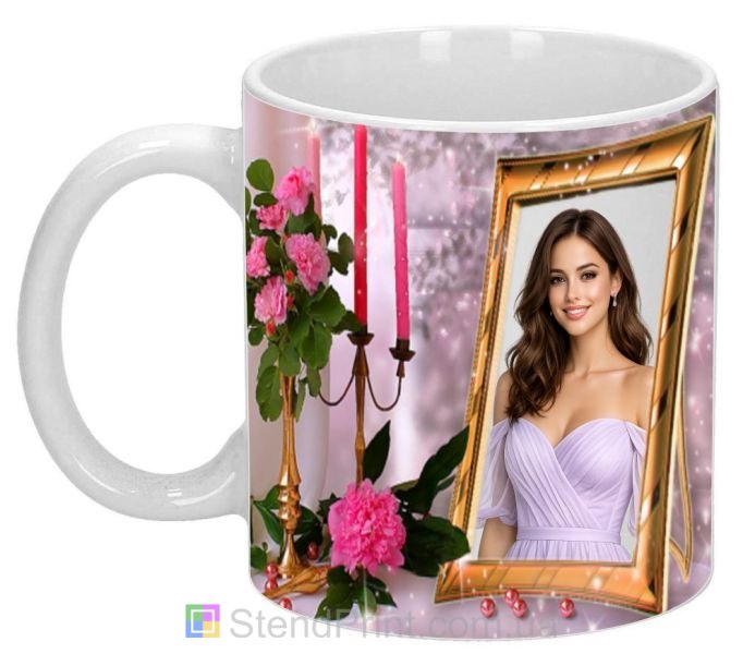 Горнятко з фото для коханої з рамкою та трояндами романтичний подарунок замовити