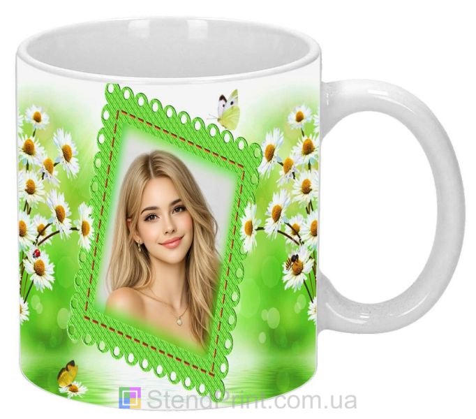 Чашка с фото для девушки с ромашками заказать нежный подарок