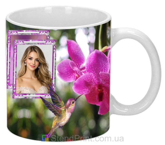 Чашка з фото для дівчини з орхідеєю та колібрі красивий подарунок замовити