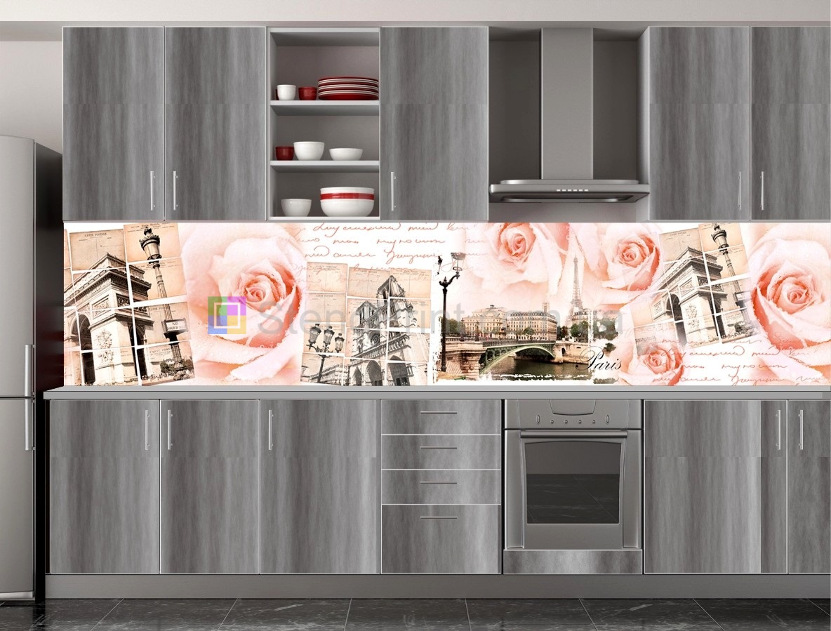3д фартук на кухню на рабочую стенку Коллаж из роз и архитектуры