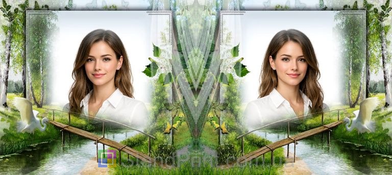 Чашка з фото річка, дерев’яний міст і березовий гай замовити