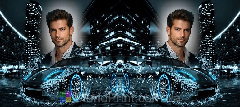 Чашка с фото на подарок мужчине с неоновым городом и авто