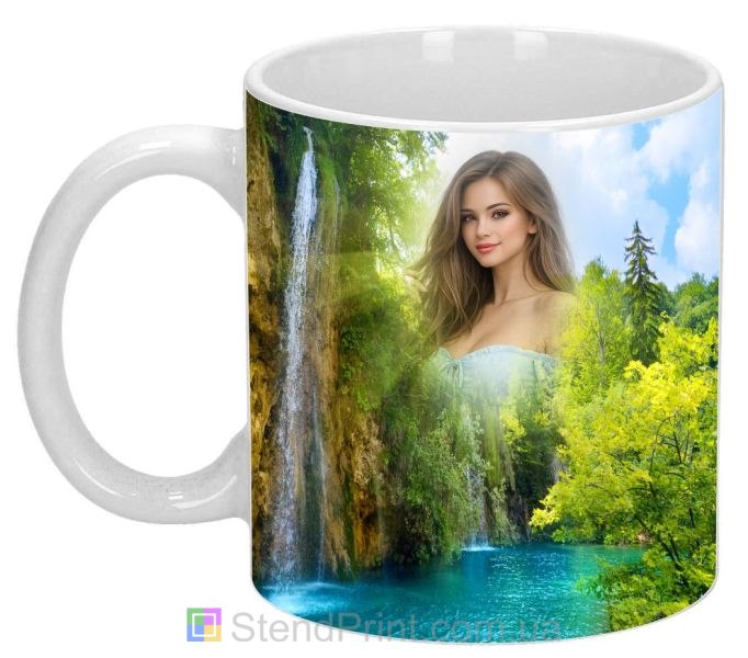 Чашка з фото гірська природа, водоспад і зелень замовити