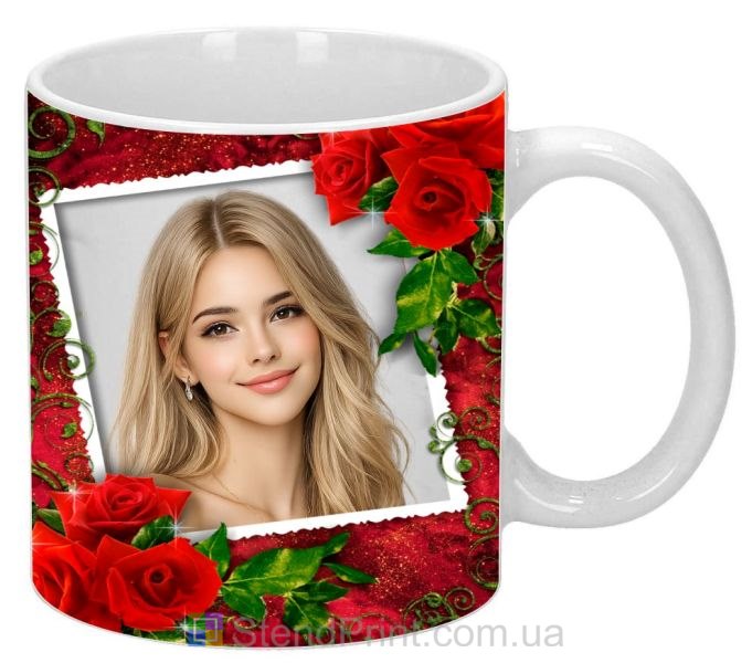 Чашка с фото для девушки с красными розами заказать подарок