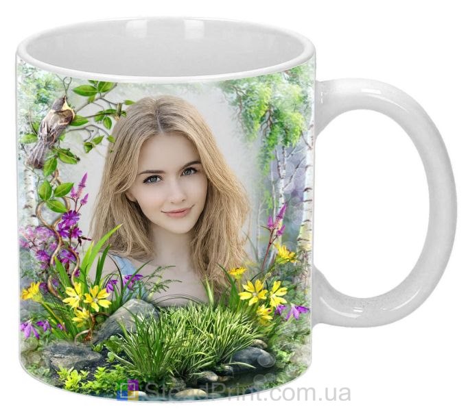 Чашка з фото квітковий колаж і березовий гай природа замовити