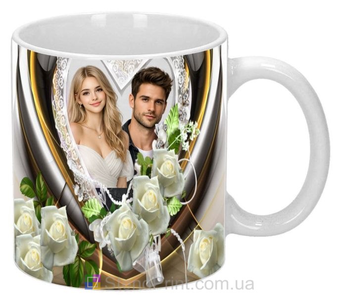 Кружка с фото белые розы сердце для пары
