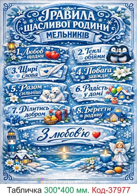 Декоративна табличка правила щасливої родини з прізвищем купити