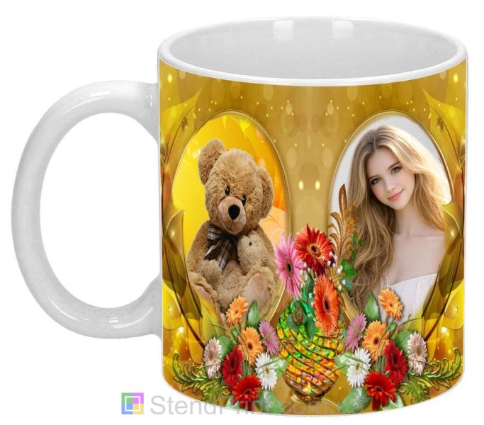 Кружка с фото в золотом коллаже с мишкой и цветами яркий персональный подарок заказать