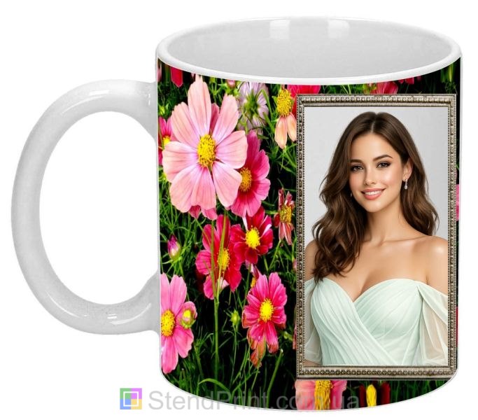 Кружка з фото для коханої з квітами та рамкою романтичний подарунок замовити