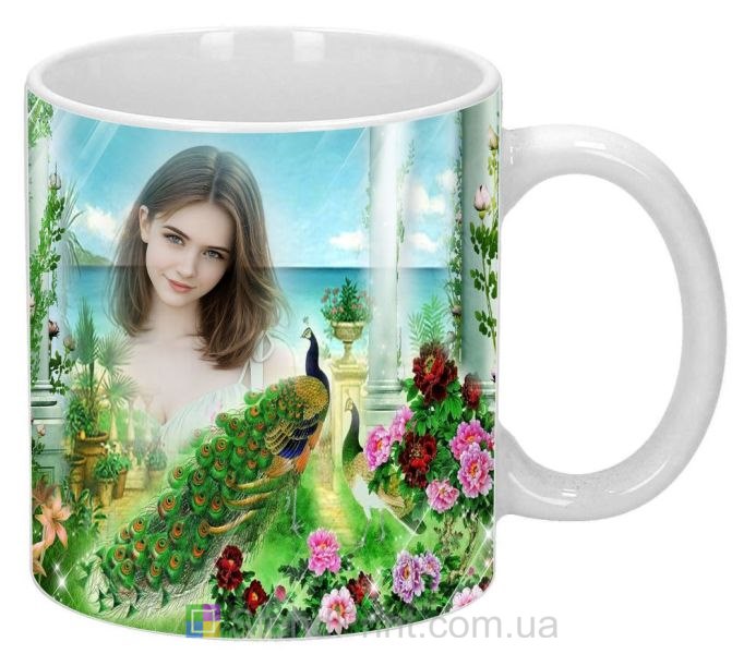 Кружка с фото цветочная терраса павлины морской пейзаж заказать