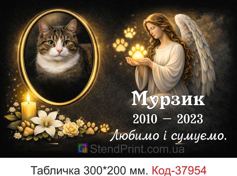 Купити ритуальну табличку для кота на могилу з фото та ангелом
