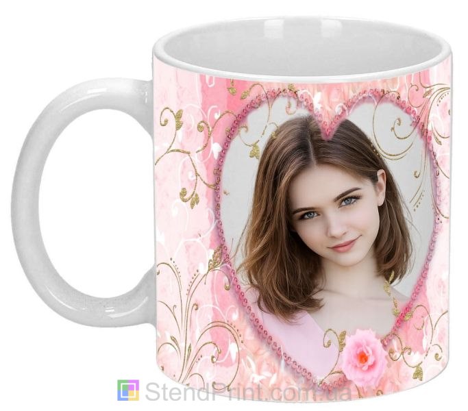 Кружка с фото для любимой с сердцем розовая подарок девушке заказать