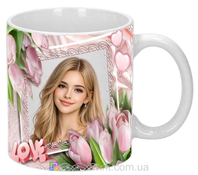 Чашка з фото з тюльпанами та написом LOVE ніжний романтичний подарунок замовити