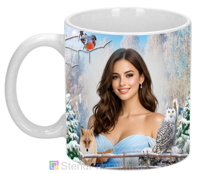 Чашка с фото зимний подарок девушке фоточашка с совой и зимним лесом