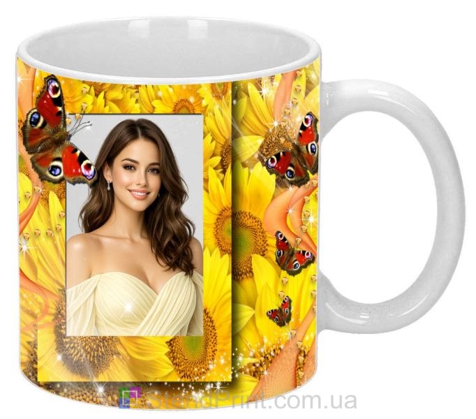 Чашка с фото для девушки яркий дизайн с подсолнухами заказать