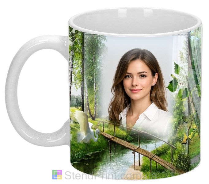 Чашка з фото річка, дерев’яний міст і березовий гай замовити