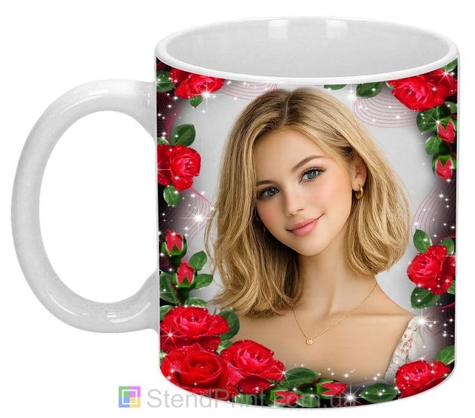 Кружка з фото з червоними трояндами та блиском подарунок коханій на свято