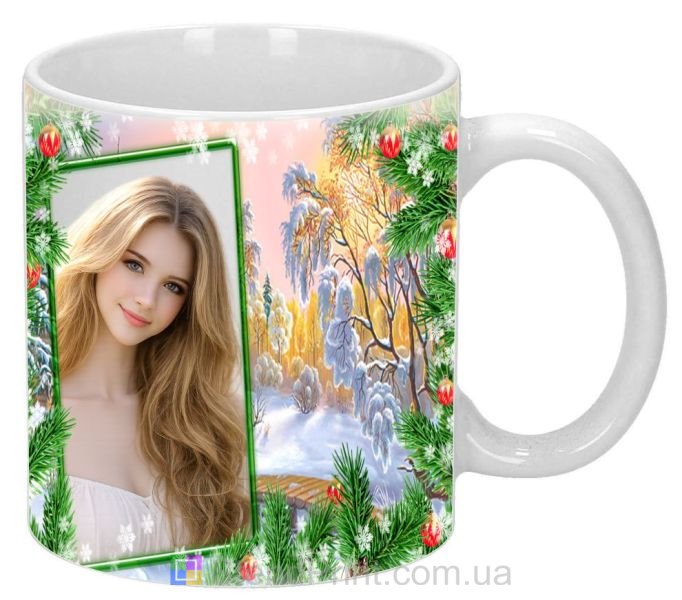 Кружка з фото зимовий подарунок для дівчини фотокружка з ялиновими гілками