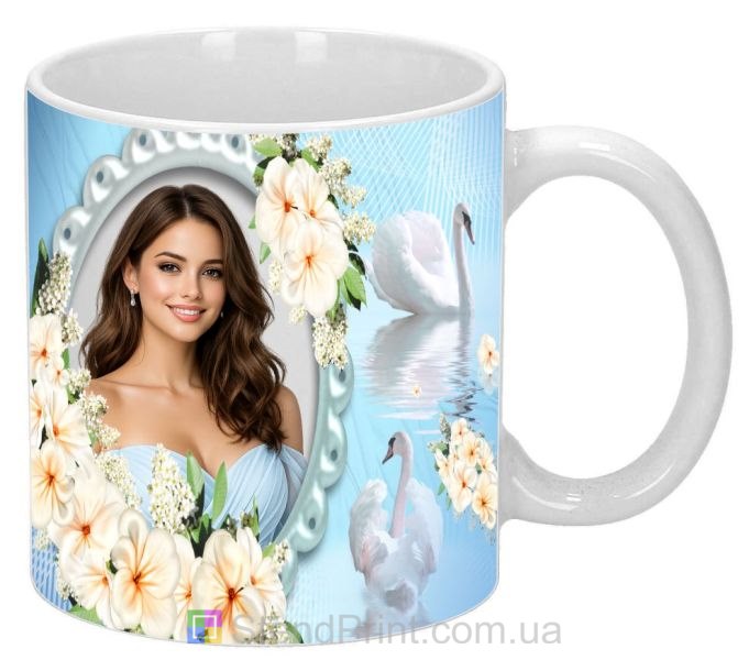 Горнятко з фото для коханої з лебедями та квітами що подарувати дівчині замовити