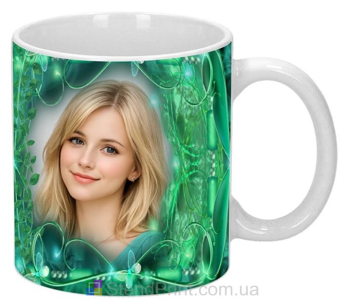 Кружка с фото для девушки зелёный волшебный дизайн подарок заказать