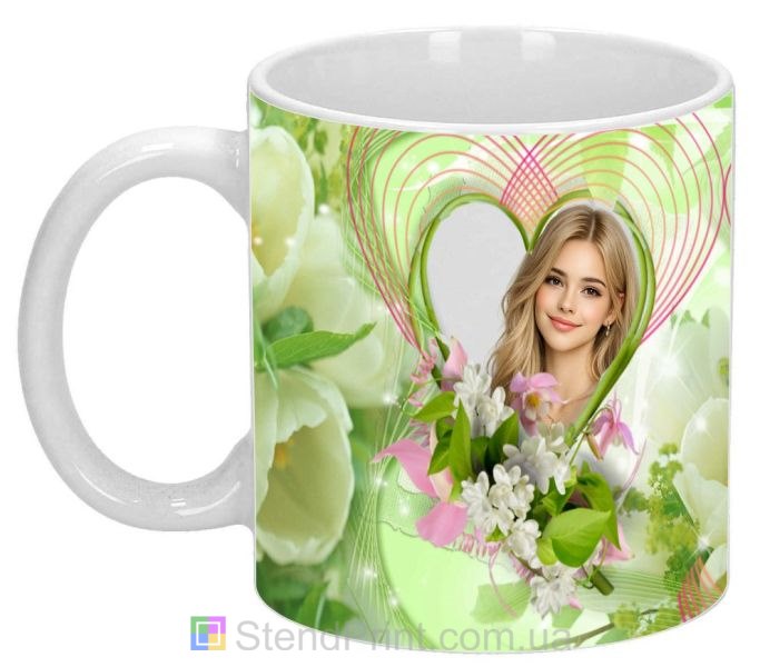 Кружка с фото для любимой с зелёными цветами нежный романтический подарок заказать