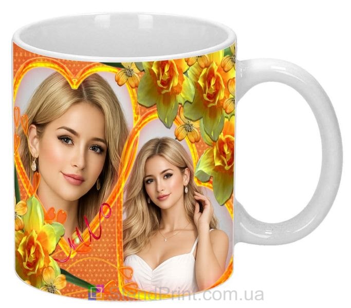 Чашка с фото для любимой с цветами и сердцем яркий романтический подарок заказать