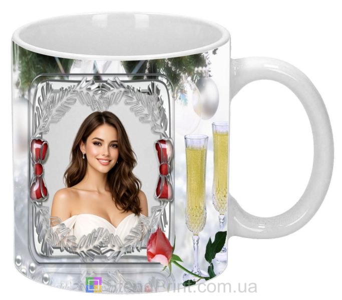 Горнятко з фото з шампанським святковий дизайн із срібною рамкою стильний подарунок замовити