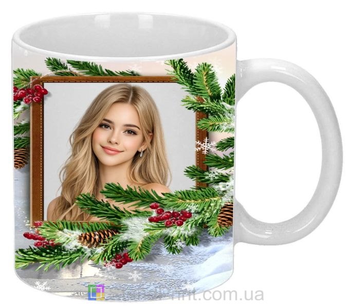 Чашка з фото зима ялина шишки горобина персональний фотодрук на чашці
