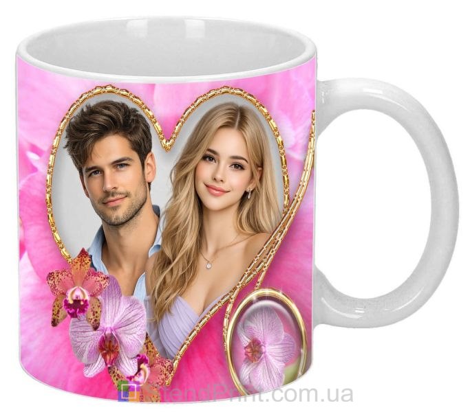 Парная кружка с фото для влюбленных с сердцем и орхидеями подарок заказать