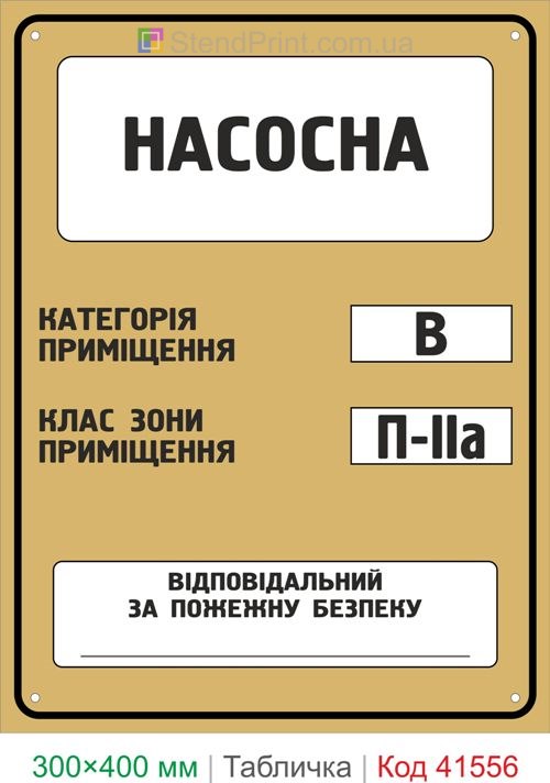 Табличка насосна категорія В клас П-IIа купити для підприємства та технічного приміщення