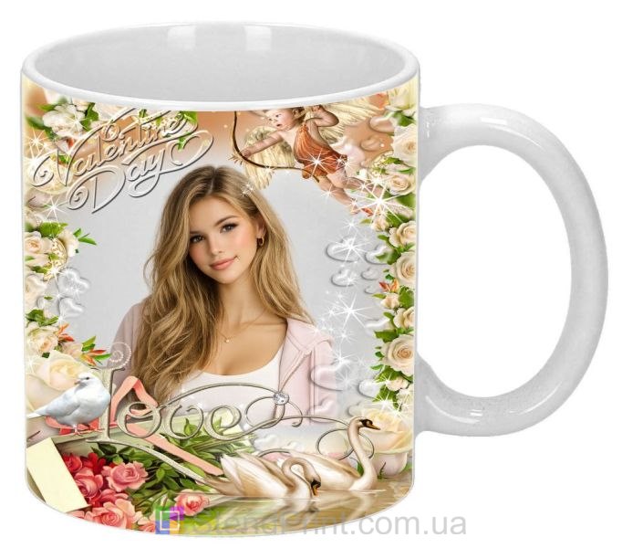 Кружка с фото Valentine Day с лебедями и цветами